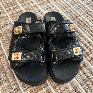 Black Steve Madden Quilted Sandals with Gold Buckles